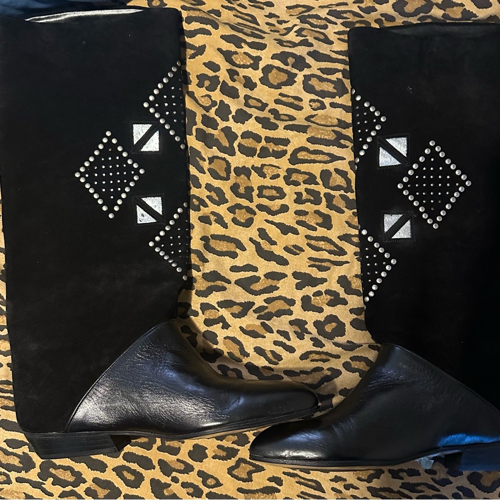 PAZZO Black Over the Knee Boots with Geometric Studs
